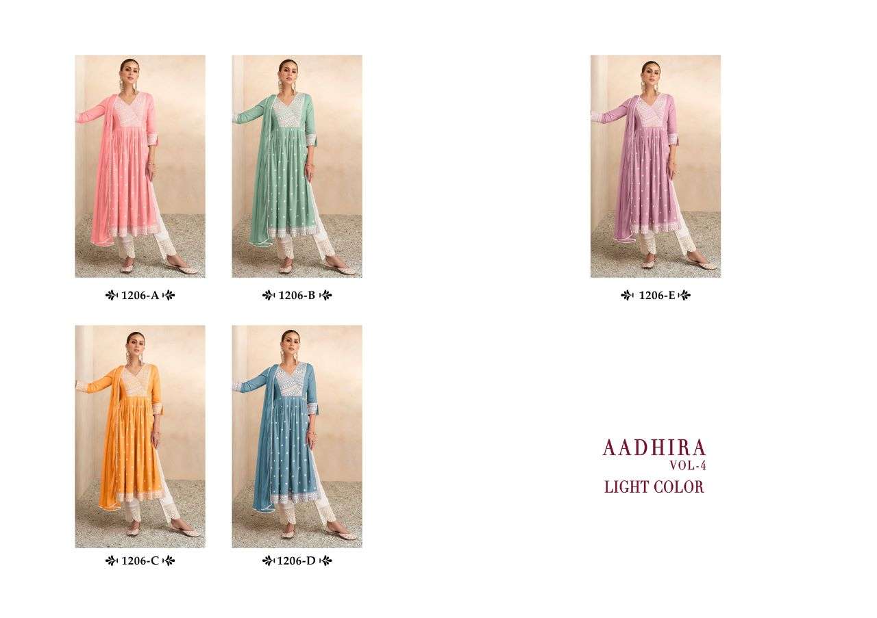 AADHIRA VOL 4 LIGHT COLOR  REYON VISCOS FRNT AND BACK LAKHNAWI WORK NAYRA CUT KURTI WITH COTTON PANT AND NAZMIN DUPATTA BY VAMIKA BRAND INDEX